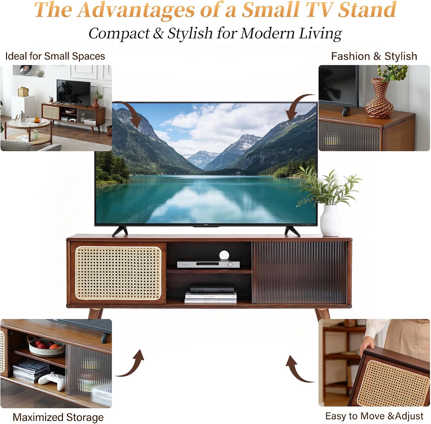 Tiita Rattan TV Stand for 55 Inch TV, Bamboo TV Cabinet with Adjustable Shelf and Storage, Boho Entertainment Center, Mid Century Modern Media Console for Bedroom, Living Room, Study, Walnut