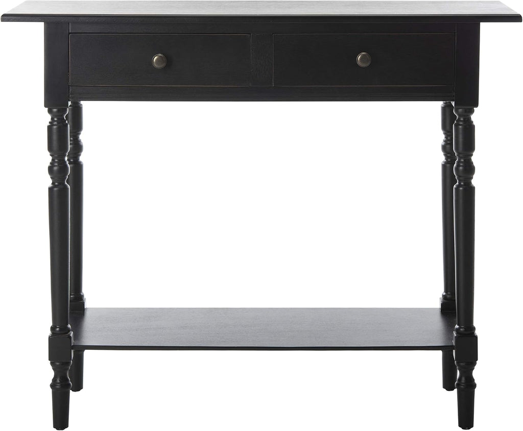 SAFAVIEH Home Collection – Rosemary Distressed Black Console Table with Drawers & Shelf, Classic Contemporary Storage Console, Turned Leg Design (AMH5705B)
