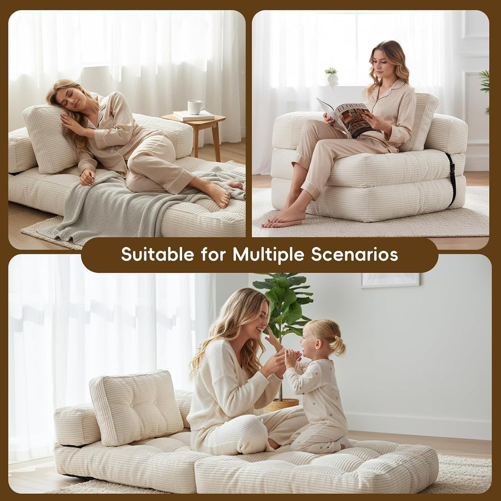 Folding Sofa Bed, L-Shaped Convertible Sleeper Chair Bed Mattress for Adults with Pillow, Foam Foldable Floor Lounge Couch Beds with Armrest for Living Room Bedroom Apartment Small Space, Beige