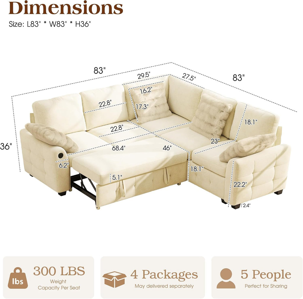 Ihanherry L-Shaped Sectional Sofa Bed with Storage, 5-Seater Convertible Pull Out Sleeper Sofa with USB Charging Ports, 4 Pillows & Wide Armrests, Chenille Fabric for Living Room, Apartment（Beige）