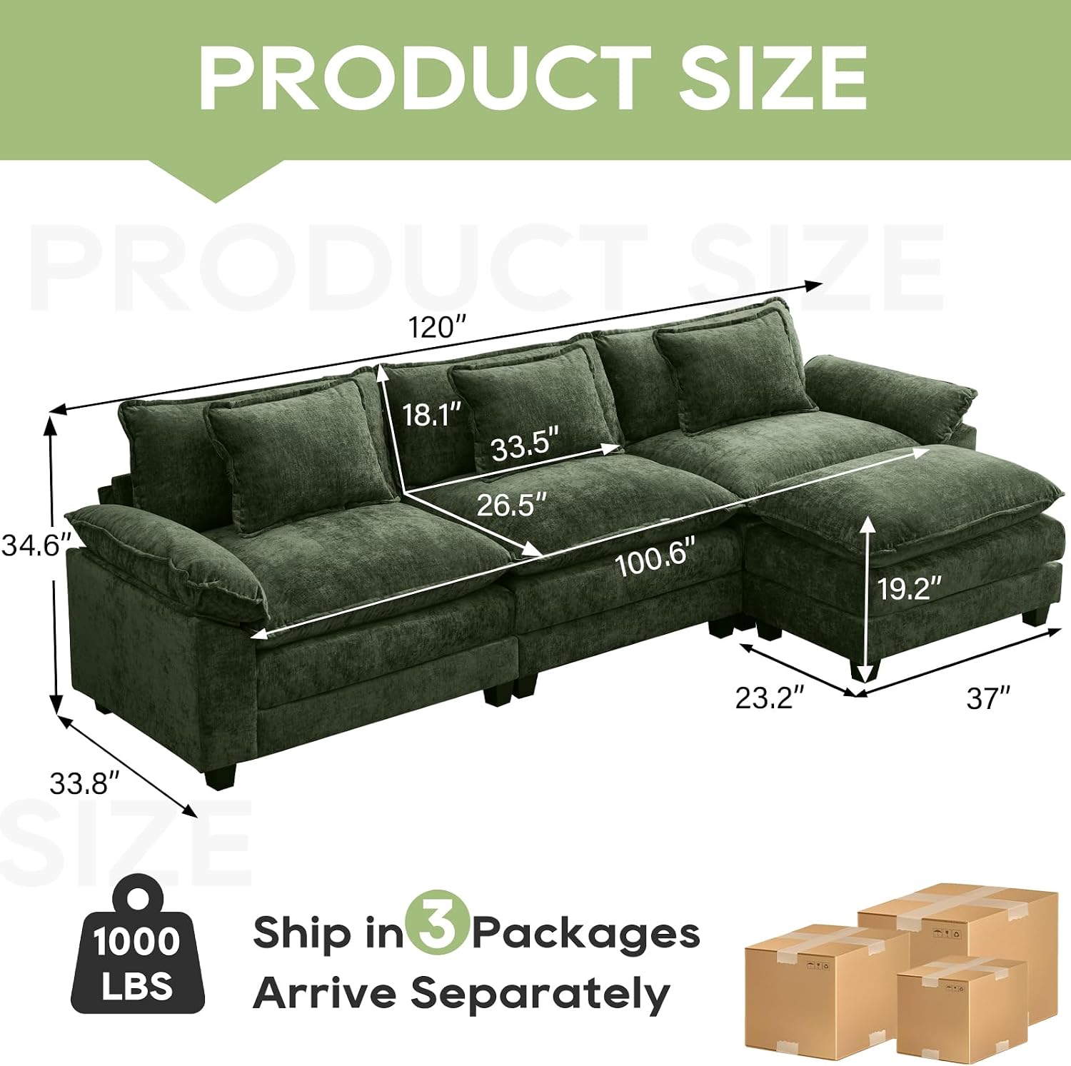 Oprisen 120' Modular Sectional Sofa, Comfy Cloud Couch Sectional Sofa with Ottoman, Chenille Sofa Sleeper Deep Seat Sofa with Throw Pillows for Living Room (Green, 120'- L Shape)