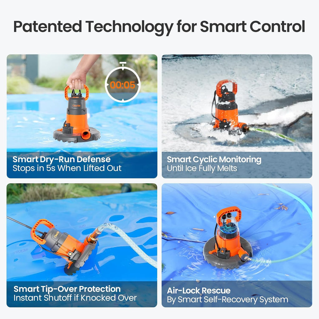 Cleartide Smart Automatic Water Pool Cover Pump,Submersible Pump Removes Water from Inground/Above Ground Winter Swimming Pools, 1/3 HP 2790 GPH, Auto On/Off & Freeze Protection, 25ft Cord, 120V AC