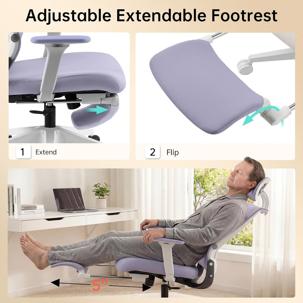 Foldable Office Chair with Foot Rest, Ergonomic Office Chair with Adjustable Lumbar Support, Headrest, Armrest, Home Office Desk Chair for Space Saving, Work from Home, Purple