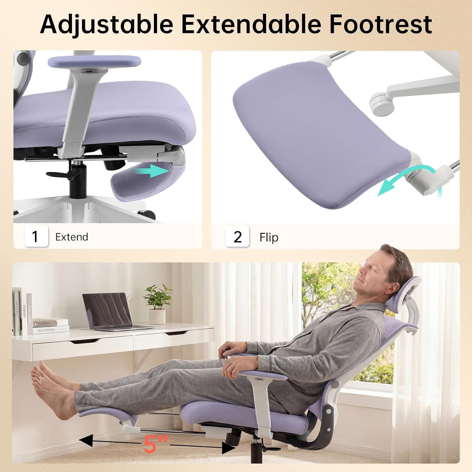 Foldable Office Chair with Foot Rest, Ergonomic Office Chair with Adjustable Lumbar Support, Headrest, Armrest, Home Office Desk Chair for Space Saving, Work from Home, Purple