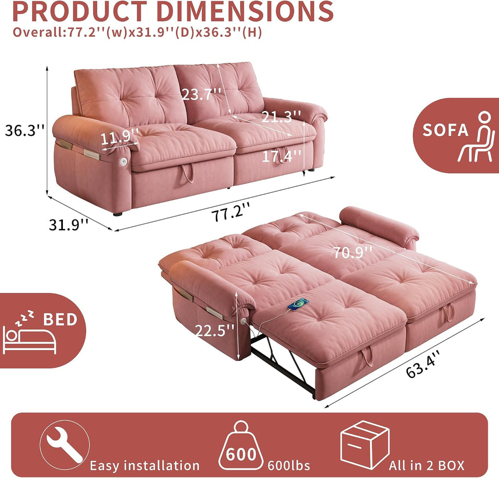 77' Queen Size Sofa Bed, Loveseat Sleeper Sofa with Pull Out Bed, Pockets and USB, Modern 2 Seater Convertible Small Couch for Living Room Bedroom Apartment, Pink