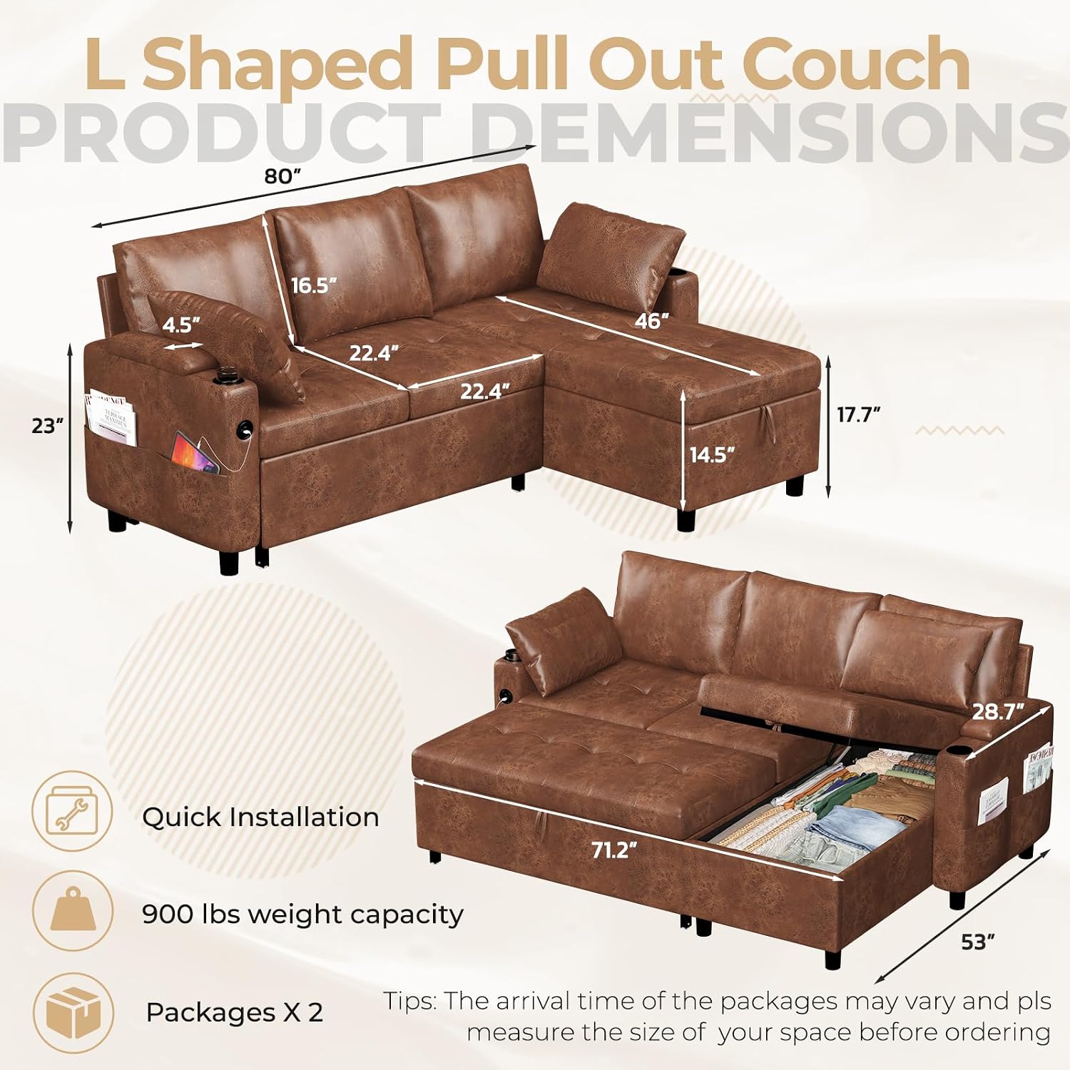 Esright Sleeper Sofa Bed, 3-in-1 Pull Out Couch with Reversible Chaise, Leather Sleeper Sofa with Storage, USB, Cup Holder, Pullout Sectional Couches for Apartment Living Room, Brown