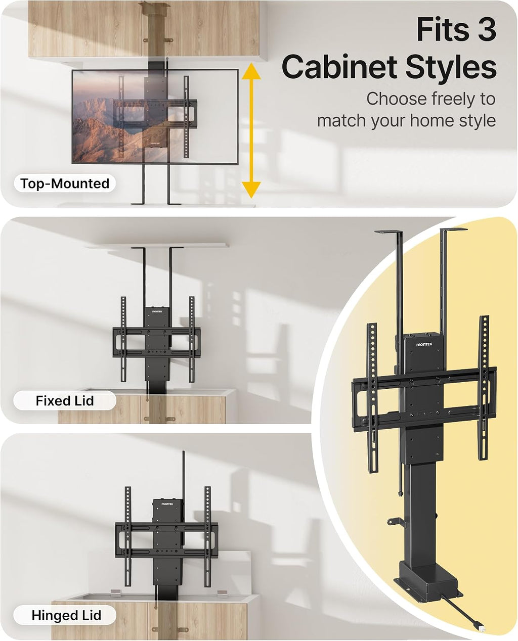 monTEK Motorized TV Lift for 32-48 inch TVs, Ceiling&Vertical TV Lift Mechanism with RF Remote, Smart Phone & Voice Control via WiFi, Up to 132lbs, 4X Load Tested, Max VESA 400 * 400