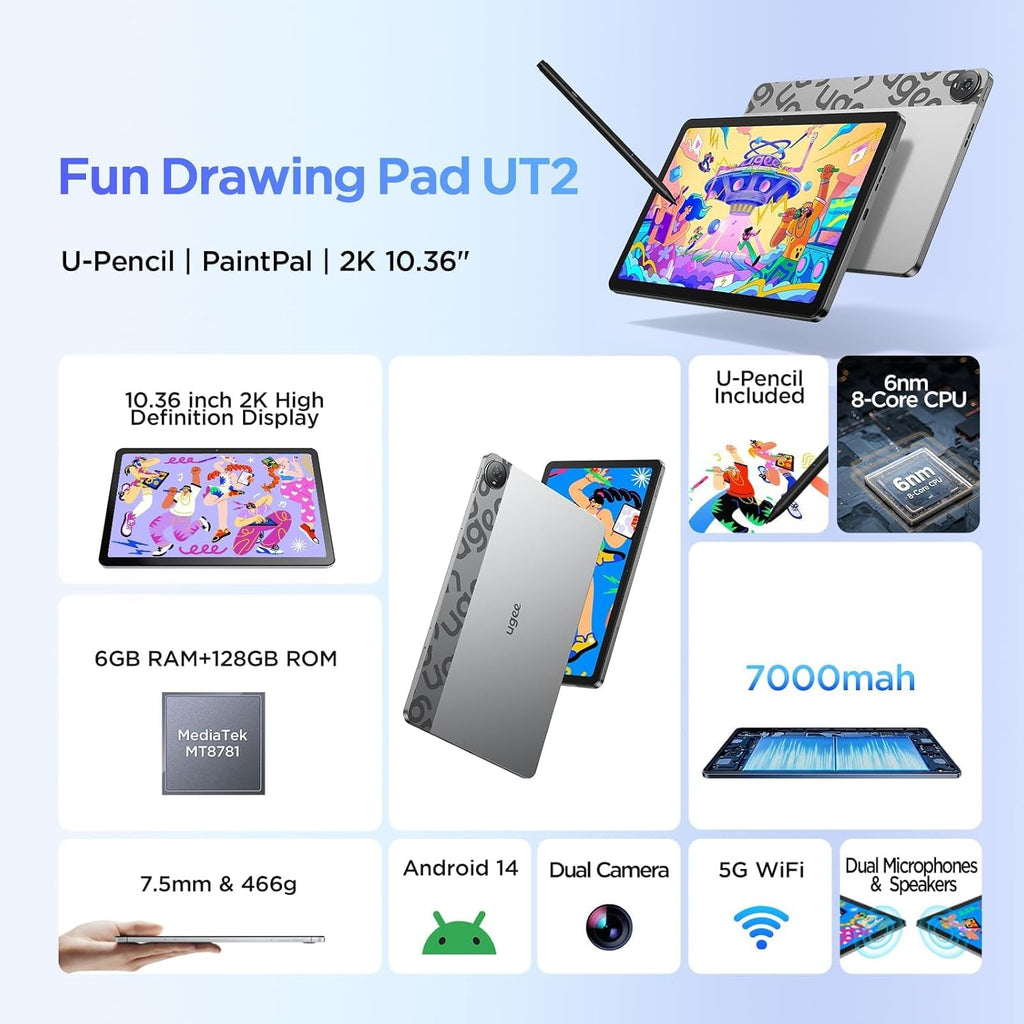 UGEE Pad Drawing Tablet No Computer Needed,Android 14 tablet drawing Stand for 7000mAh+18W Battery,6GB+128GB Fun Drawing Pad 2K Ultra HD Large Screen with Full-Laminated Screen,Standalone Tablet 10.36