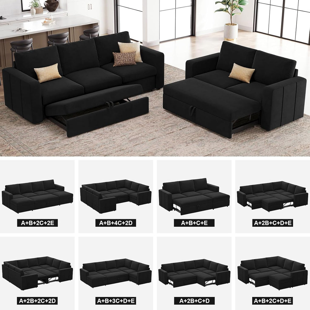 Belffin L Shape Modular Sectional Sleeper Sofa with Pull Out Bed Velvet Corner Sleeper Sofa Sectional Couch Convertible Sofa Black