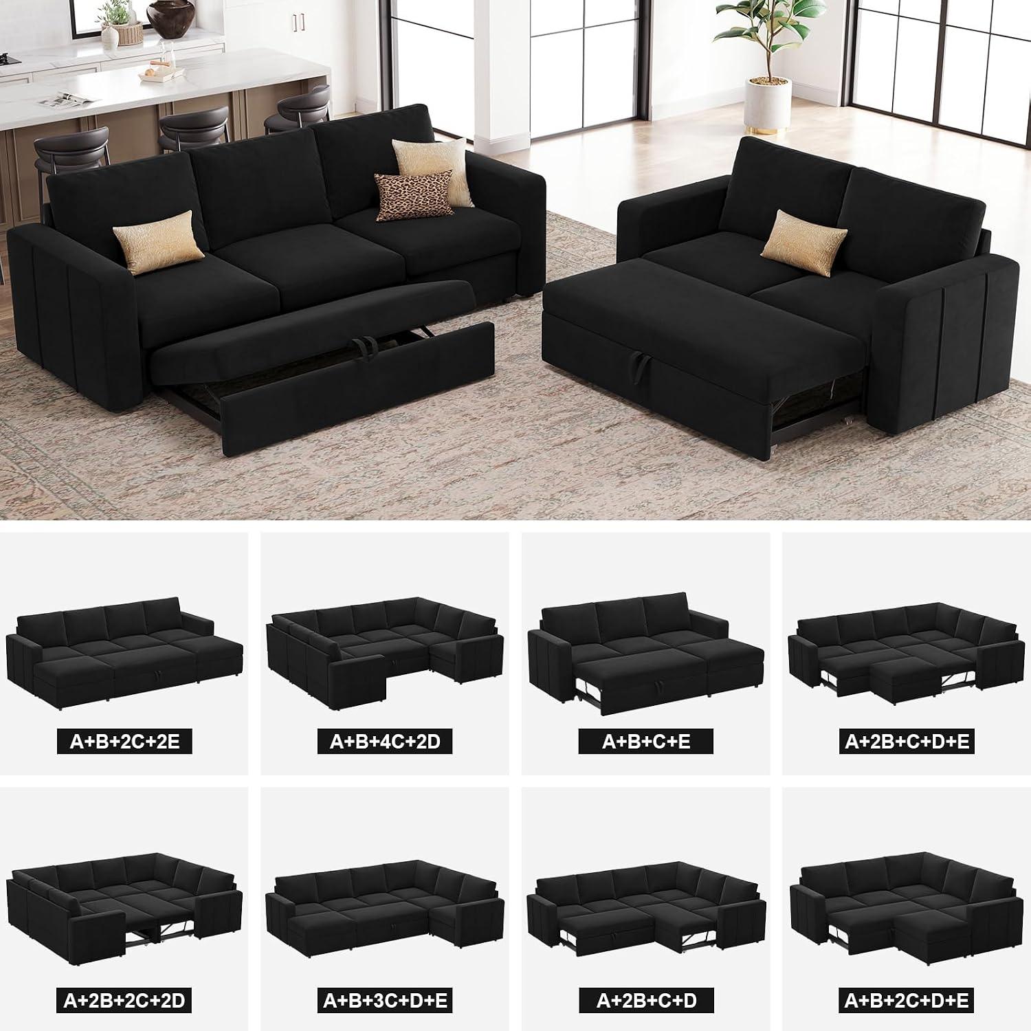 Belffin L Shape Modular Sectional Sleeper Sofa with Pull Out Bed Velvet Corner Sleeper Sofa Sectional Couch Convertible Sofa Black