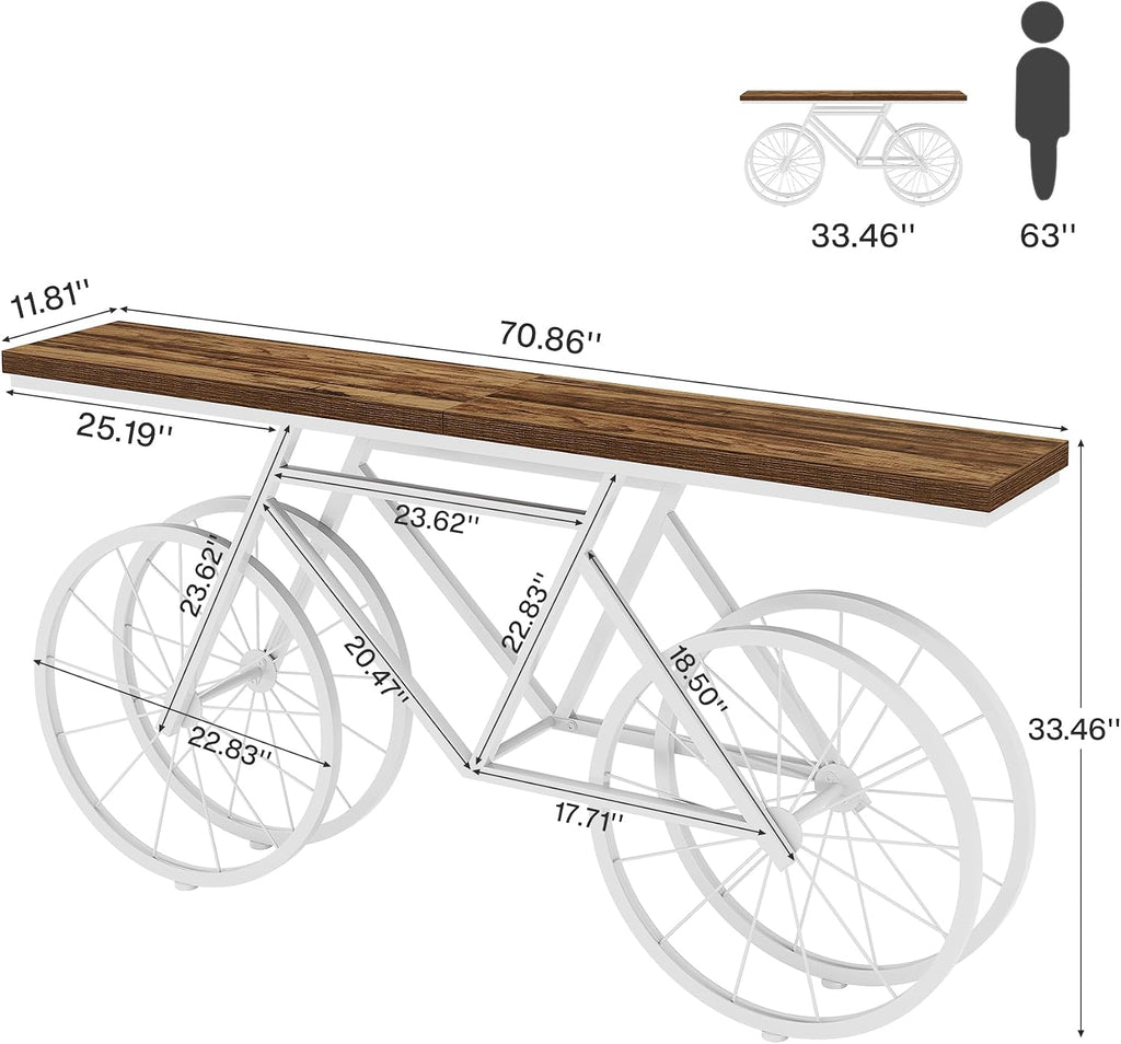 Tribesigns 70.9-Inch Extra Long Console Table, Narrow Sofa Table with Bicycle Metal Base, Modern Industrial Entryway Table for Living Room, Hallway, Entrance, Foyer, Rustic Brown & White