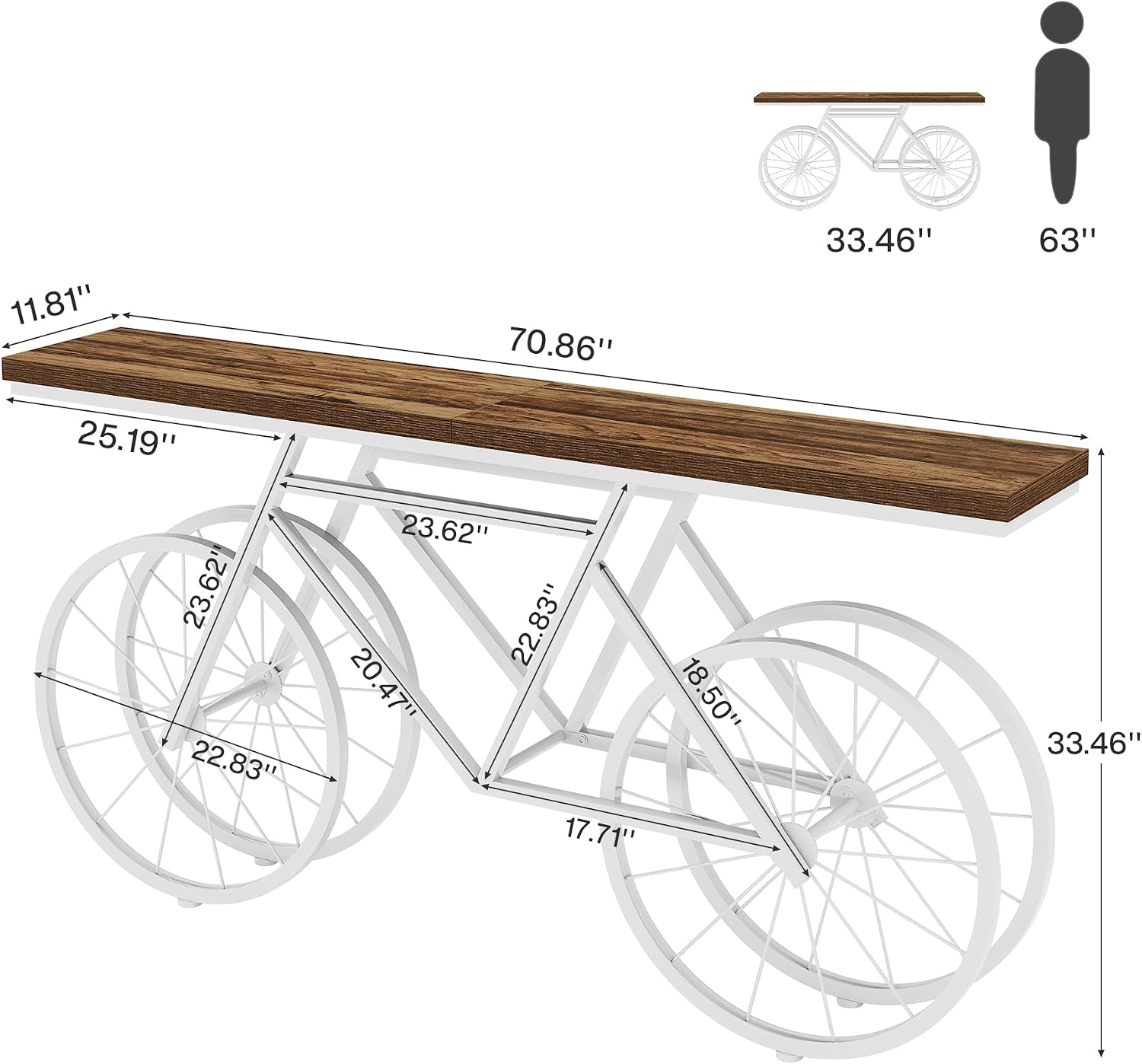 Tribesigns 70.9-Inch Extra Long Console Table, Narrow Sofa Table with Bicycle Metal Base, Modern Industrial Entryway Table for Living Room, Hallway, Entrance, Foyer, Rustic Brown & White