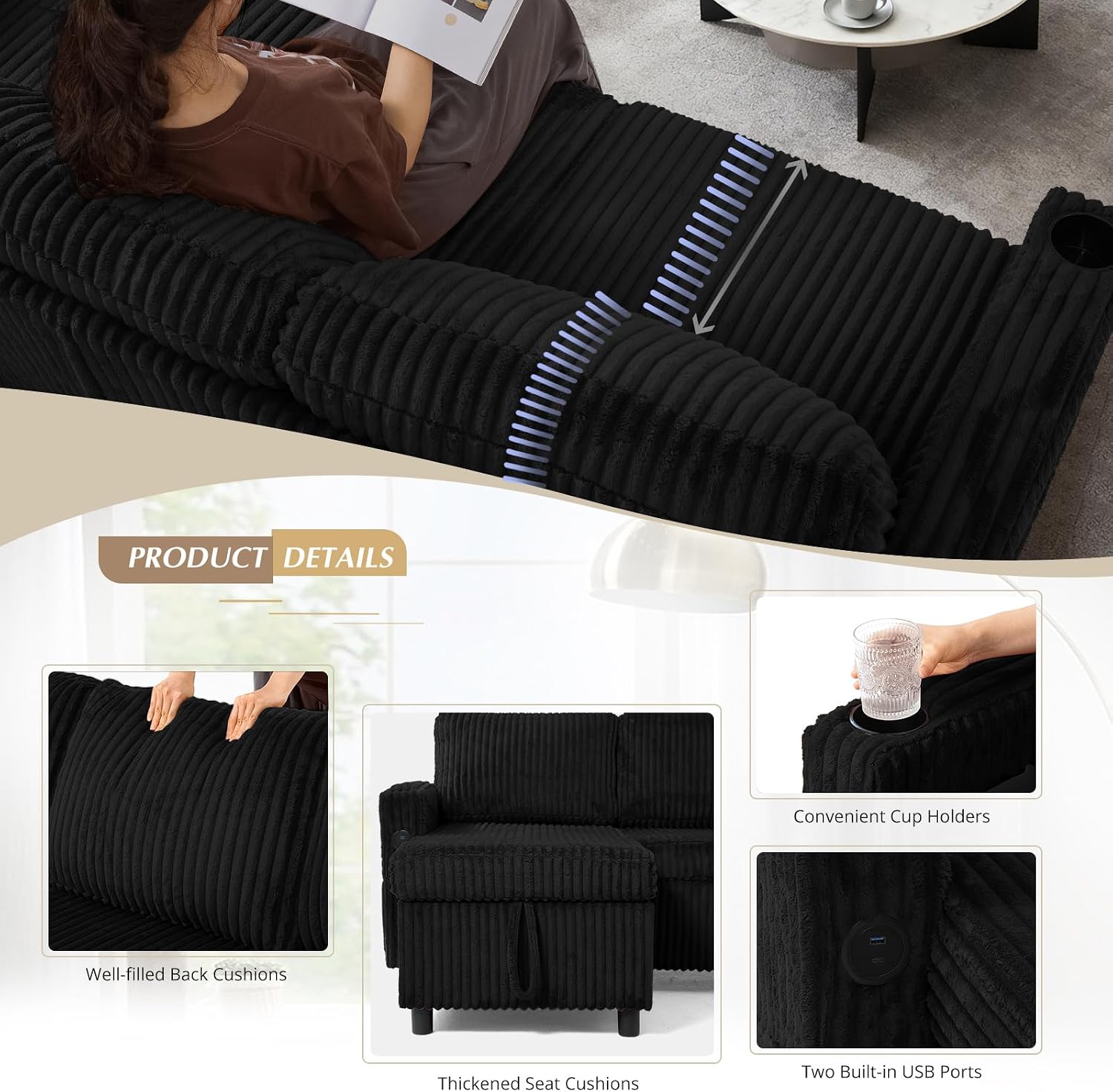 84' Corduroy Upholstered Sofa Bed w/Adjustable Backrests, Convertible Pull Out Sofa Bed w/USB Ports, L-Shape Sectional Sleeper Couch w/Cup Holder for Living Room,Apartment, Black