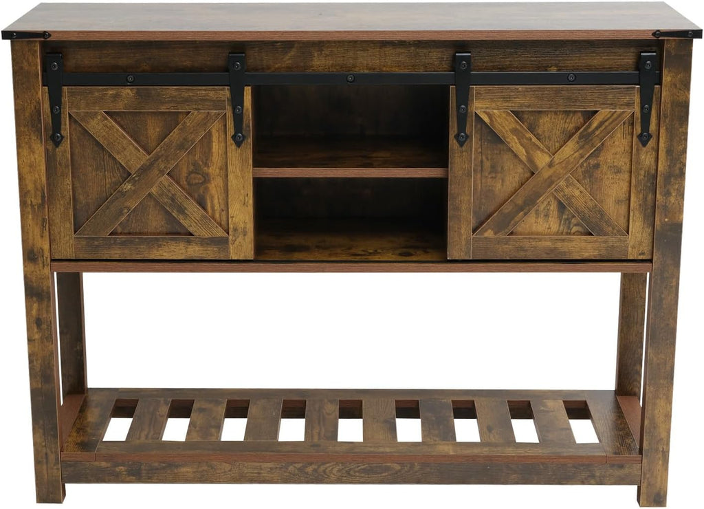 Brown Farmhouse Entryway Table, Rustic Hallway Table with Storage Shelf, Sofa Table with Sliding Barn Doors for Hallway, Entryway, Living Room, Foyer