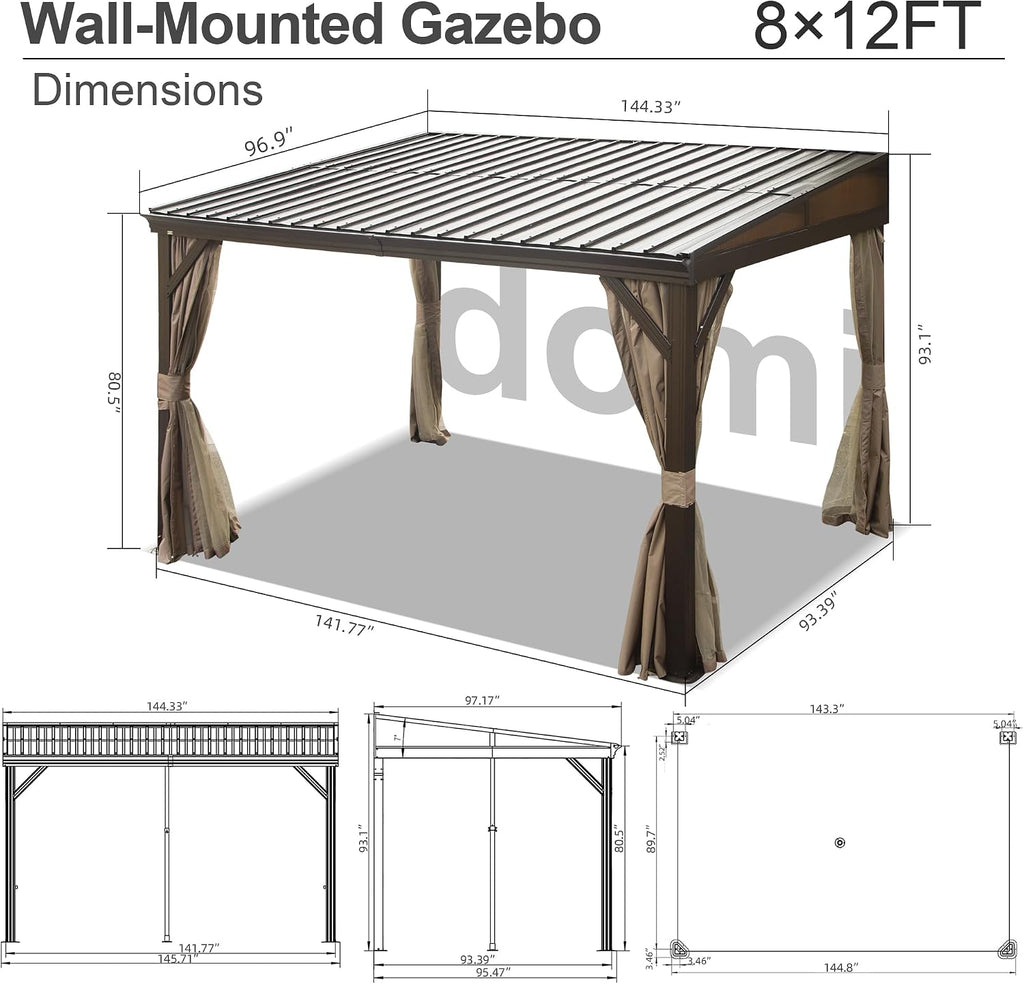 Domi 8x12FT Lean to Gazebo, Hardtop Wall Mounted Gazebo with Sloping Galvanized Steel Roof, Aluminum Frame, Drainage System, Curtains and Netting, for Patio, Deck, Garden, Backyard
