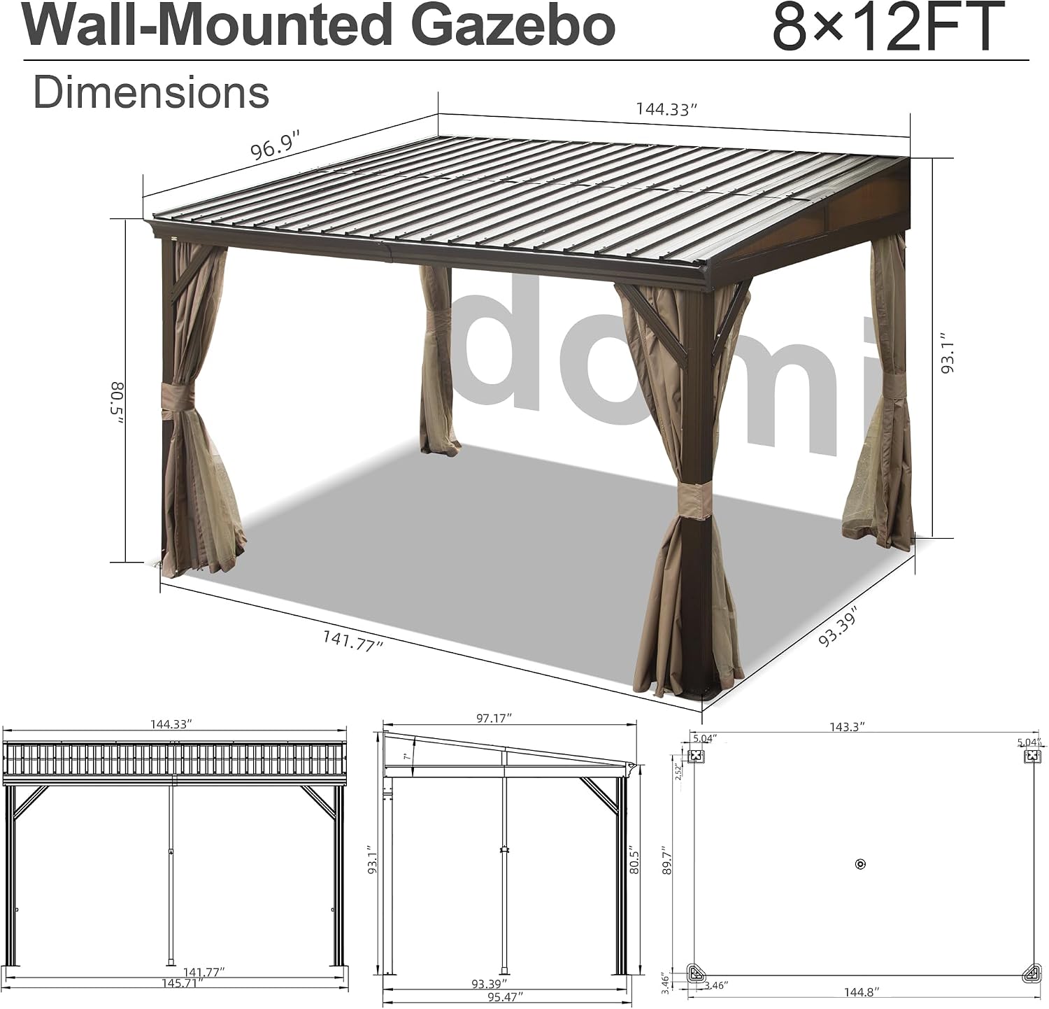 Domi 8x12FT Lean to Gazebo, Hardtop Wall Mounted Gazebo with Sloping Galvanized Steel Roof, Aluminum Frame, Drainage System, Curtains and Netting, for Patio, Deck, Garden, Backyard