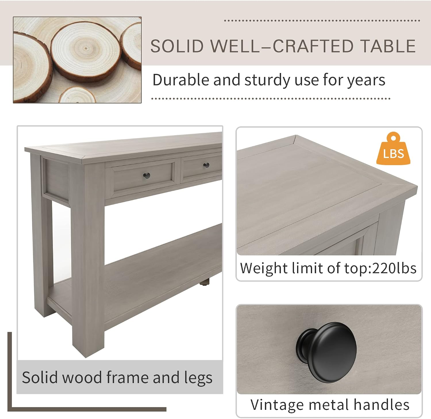 Merax Console Table, 63' Long Extra-Thick Entryway Table Sofa Table with 4 Drawers and Open Shelf for Entryway, Hallway, Living Room (Grey Wash)