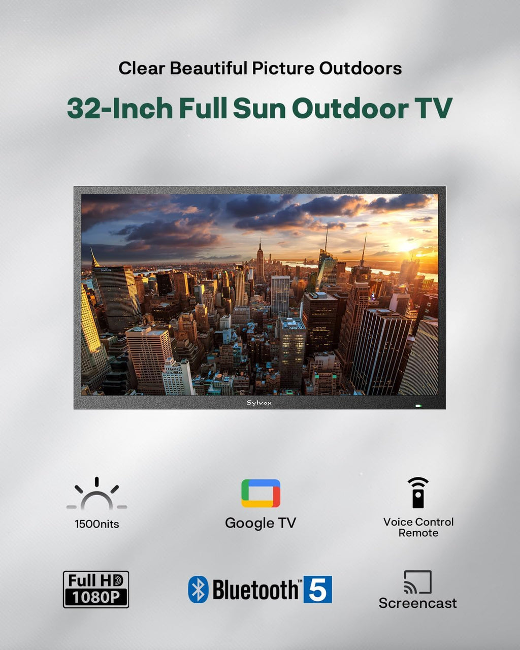 SYLVOX 32-Inch Outdoor TV, Full Sun Outside TV, 1500 Nits Brightness, IP55 Waterproof, 1080P FHD, Google Smart TV OS, Voice Control Remote, WiFi 5G, for Patio, Deck, Terrace, Backyard (Pool SE, 2025)