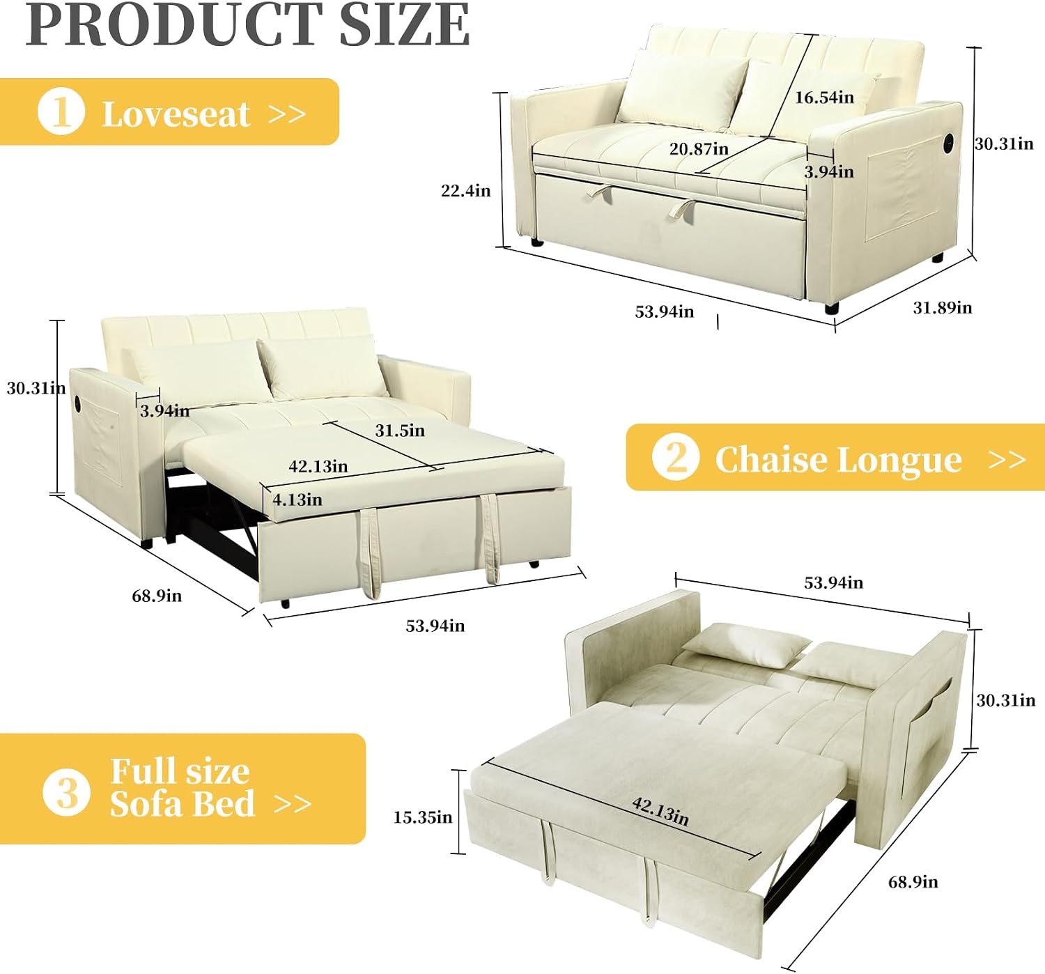 63.8' Queen Sleeper Sofa Bed,3-in-1 Convertible Sofa Bed with Phone Holder,USB Port,Velvet Pull Out Bed with Side Storage,Recliner Loveseat Sofa for Living Room,Small Space (Off-White)