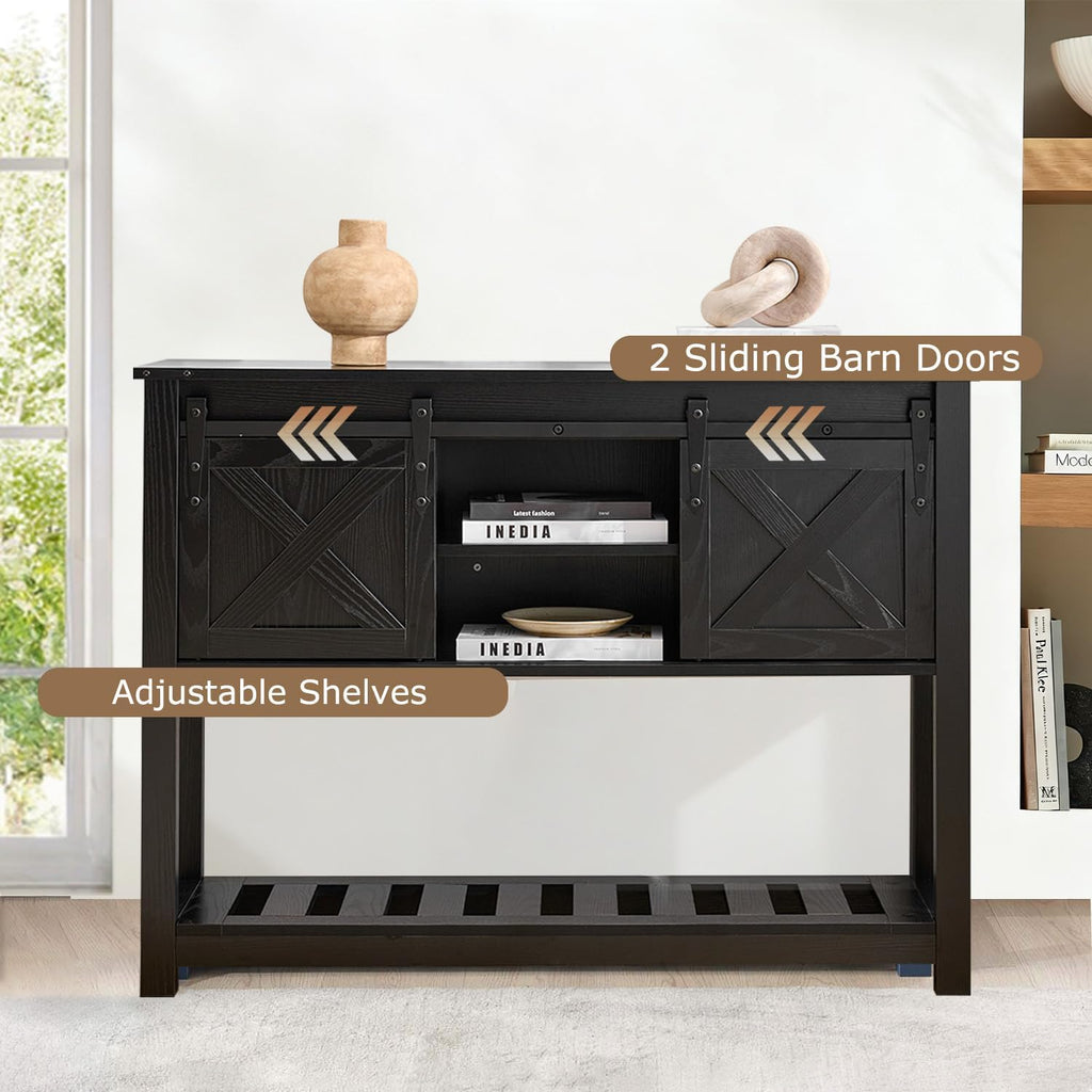 Farmhouse Entryway Table with Sliding Barn Doors,Wood Console Table with Storage Shelf,Rustic Sofa Table for Living Room, Entryway, Foyer, Black