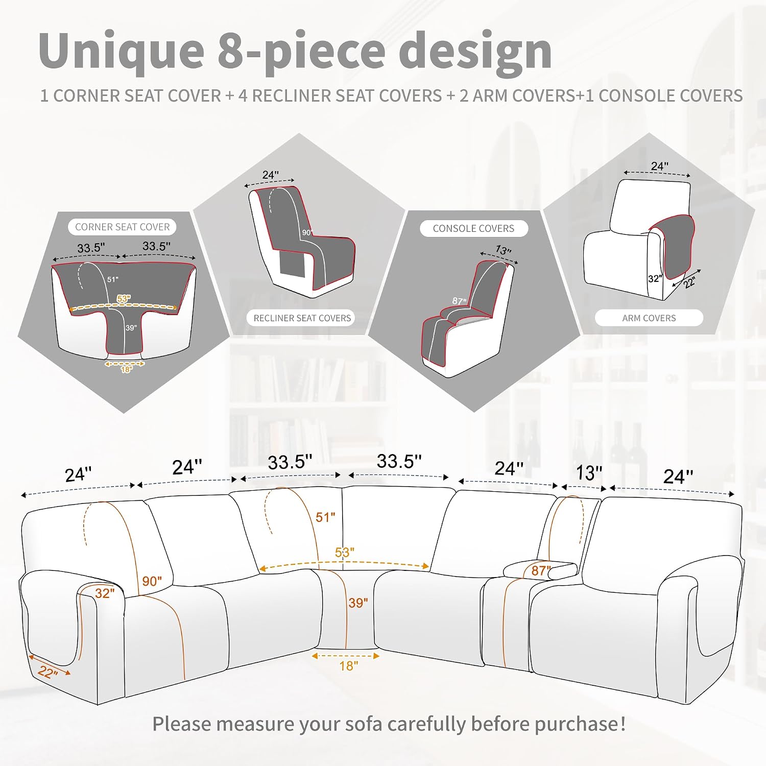 Waterproof Sectional Reclining Couch Covers L Shaped Recliner Sectional Sofa Cover 8 Piece Non Slip Washable Corner Recliner Slipcover Set for Pet Dog (5 Seater 1 Console Cover, Dusty Blue)