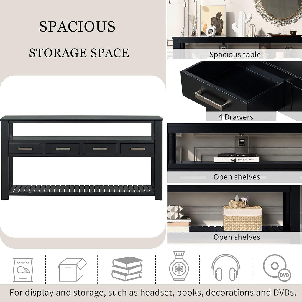 LKTART Console Table for Entryway with 4 Drawers,61.5'' Long Sofa Table with 3-Tier Open Shelves,Entry Table for Hallway,Foyer,Living Room,Black