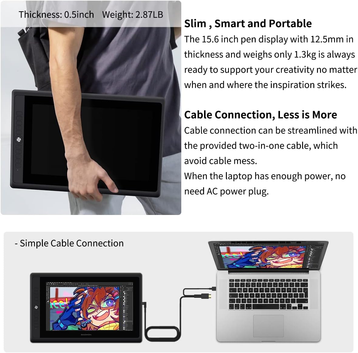 GAOMON PD156Pro - 15.6' Drawing Tablet with Screen Full-Laminated 120% sRGB Pen Display with Dial Key & 10 Hotkeys, Battery-Free Stylus Art Tablet for Digital Drawing, Anime, Sketch, Graphic Design