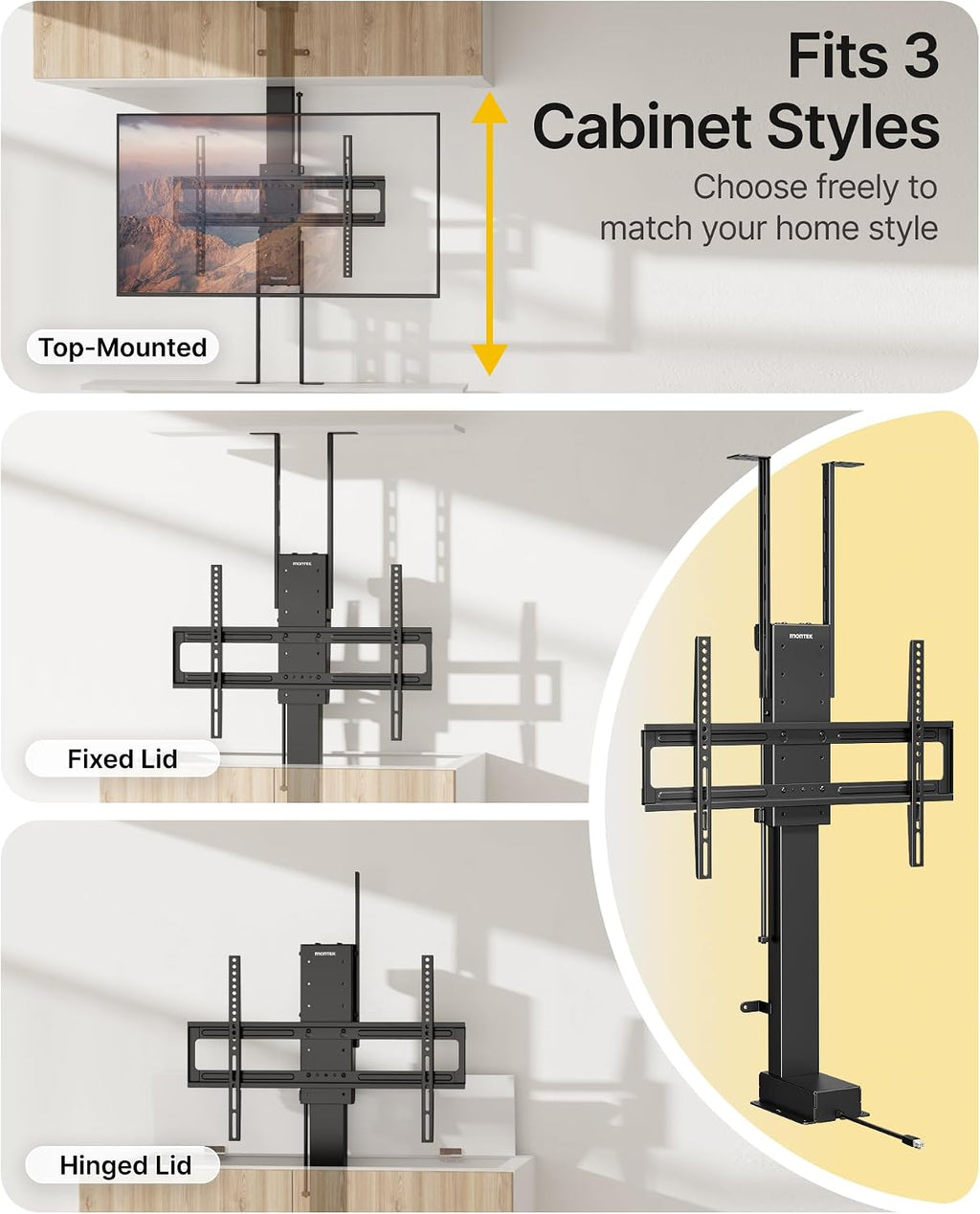 monTEK Motorized TV Lift for 37-65 inch TVs, Ceiling&Vertical TV Lift Mechanism with RF Remote, Smart Phone & Voice Control via WiFi, Up to 132lbs, 4X Load Tested, Max VESA 600 * 400