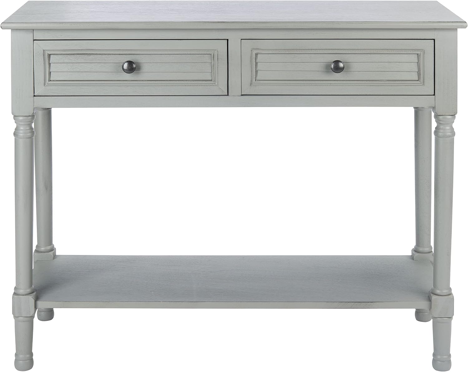 SAFAVIEH Home Collection – Tate Distressed Grey 2-Drawer Console Table with Shelf, Turned Leg Farmhouse Accent Console for Entryway or Living Room (CNS5720C)