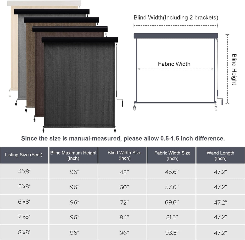 VICLLAX Premium Outdoor Roller Shade, 95% Patio Cordless Blinds with Weather Resistant Valance 8x8FT,Chocolate