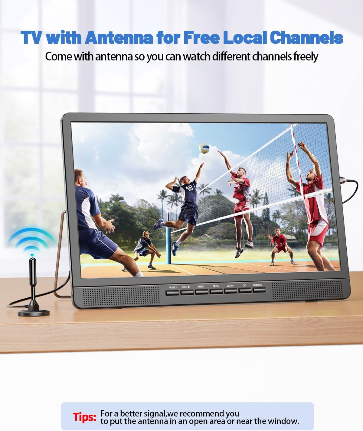 Desobry 18.2' Portable TV with Antenna, 1080P LED TV with HDMI Input/AV Input/USB Port, Small TV for Kitchen, Camping, RV, Bedroom, Patio, Indoor Outdoor Portable T V Built-in Stand