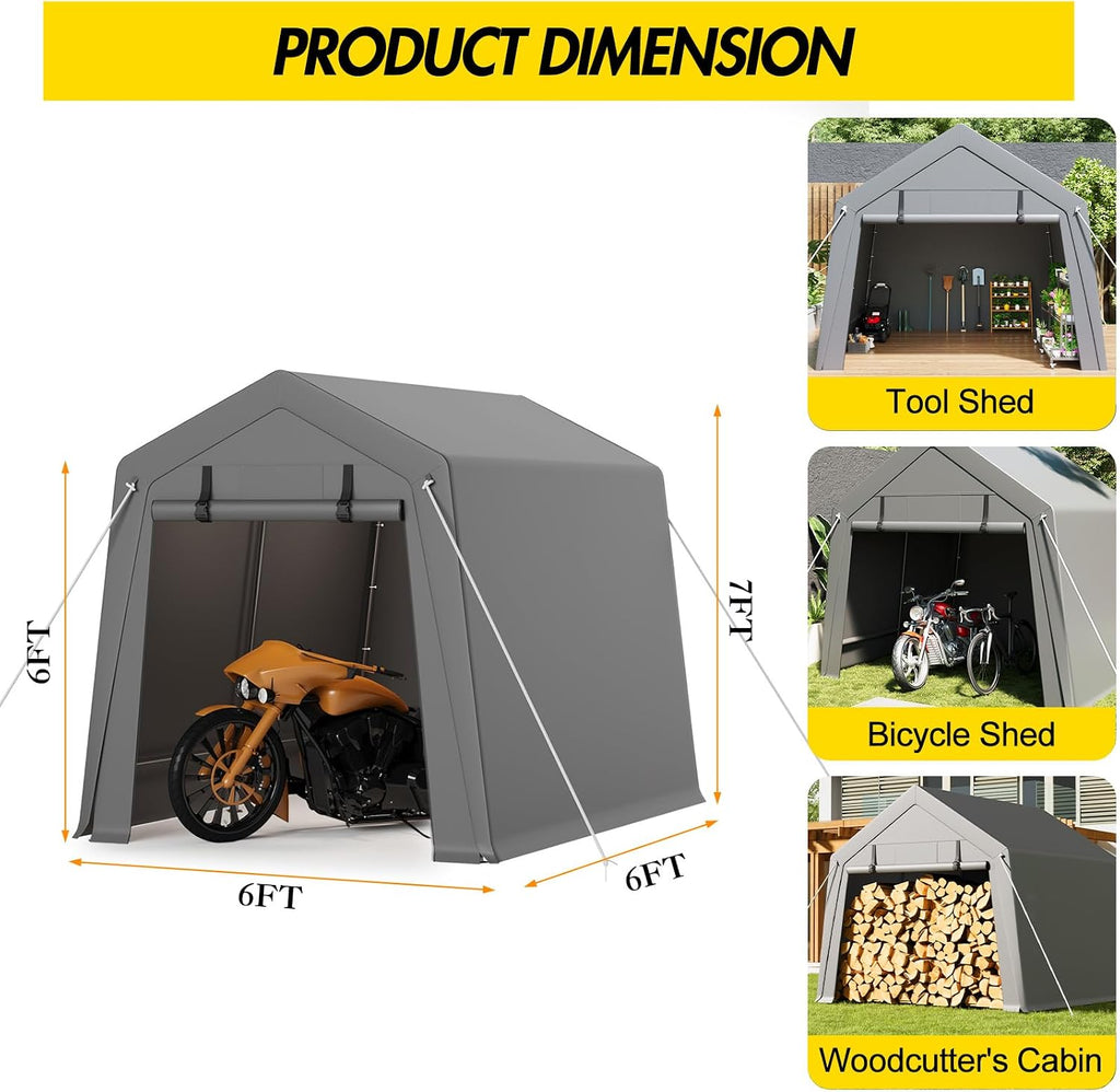 Outdoor Storage Shed 6x6 ft, Heavy Duty Portable Garage Carport Tent for Bike, ATV & Motorcycle, Waterproof Garden Storage Shelter with Mesh Window, Metal Frame Outdoor Shed Cover