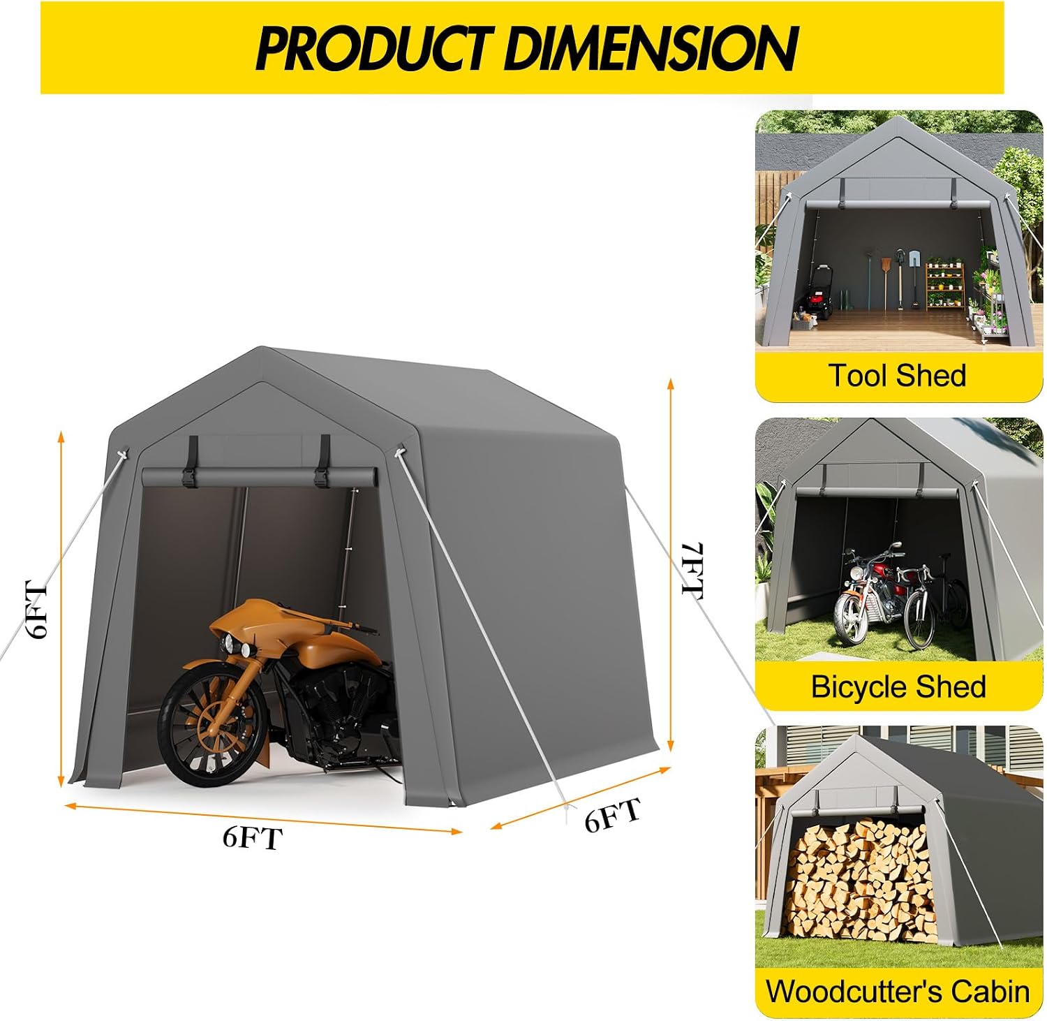 Outdoor Storage Shed 6x6 ft, Heavy Duty Portable Garage Carport Tent for Bike, ATV & Motorcycle, Waterproof Garden Storage Shelter with Mesh Window, Metal Frame Outdoor Shed Cover