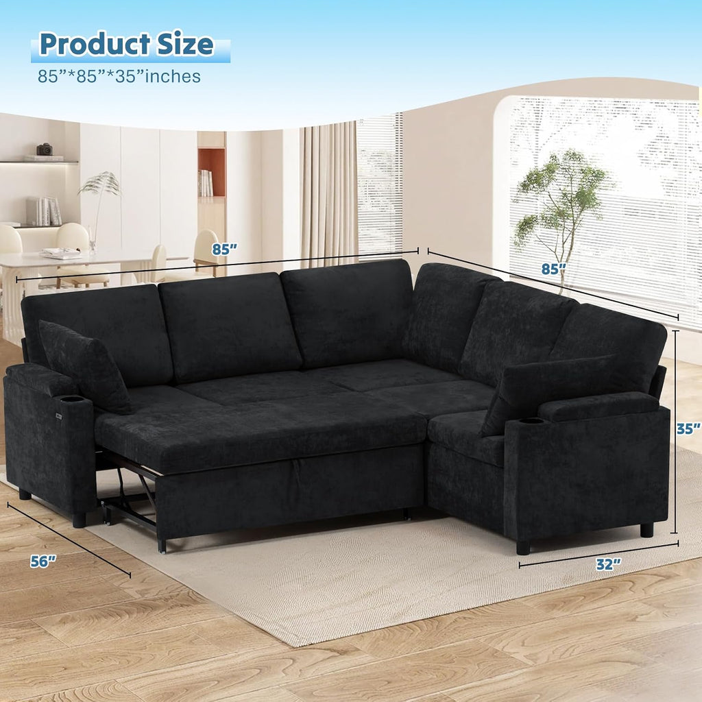 85' Chenille Reversible Sectional Sofa w/Pull Out Bed, Upholstery L Shaped Couch w/Storage Armrests & Cup Holders, Modern Corner Sofa w/USB Charging Port & Throw Pillow for Living Room, Black