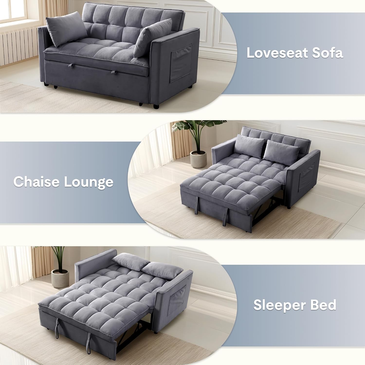 FLEXISPOT XCT4 Pull Out Couch, 3-in-1 Sleeper Sofa Bed with Adjustable Backrest, Loveseat Sleeper with Pillows & Side Pockets, Convertible Futon Couch for Small Spaces Guest Room Apartment, Gray