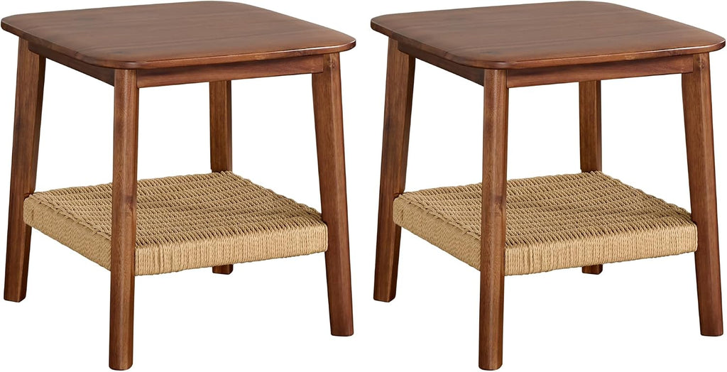 Alaterre Furniture Calais 2-Tier Solid Wood End Table with Woven Storage Shelf – Set of 2 Mid Century Modern Nightstand or Side Table for Living Room, or Bedroom (Chestnut)