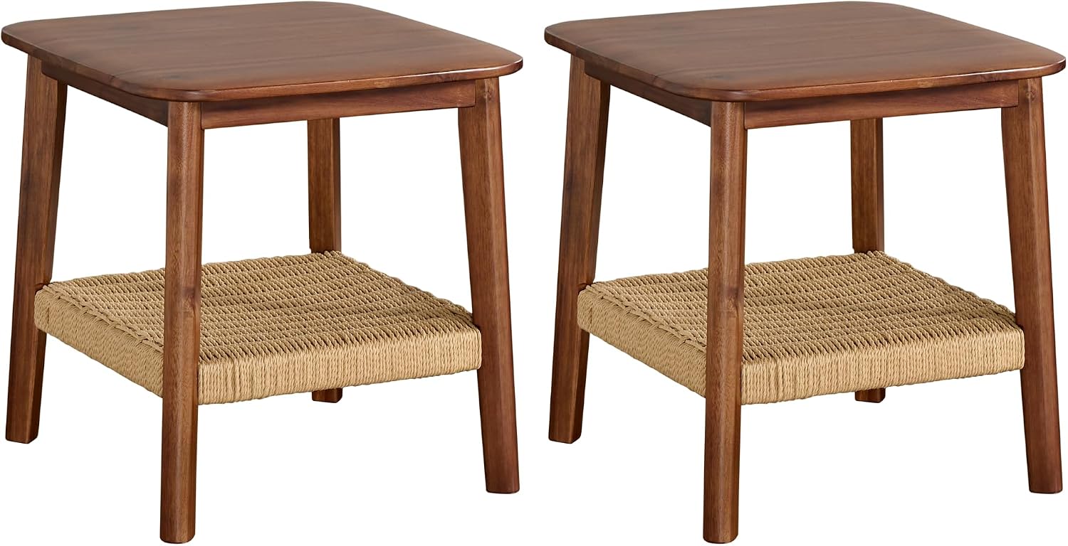 Alaterre Furniture Calais 2-Tier Solid Wood End Table with Woven Storage Shelf – Set of 2 Mid Century Modern Nightstand or Side Table for Living Room, or Bedroom (Chestnut)