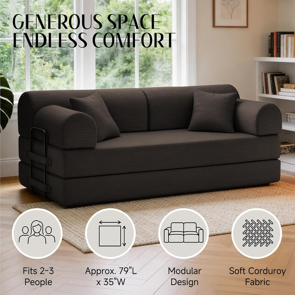 79'' Convertible Sofa Bed, 6 in 1 Folding Floor Futon Couch Sleeper with Fixed Frame, Corduroy Modular Sofa Bed with Removable Armrests & Pillows, No Assembly for Living Room Bedroom (Brown)