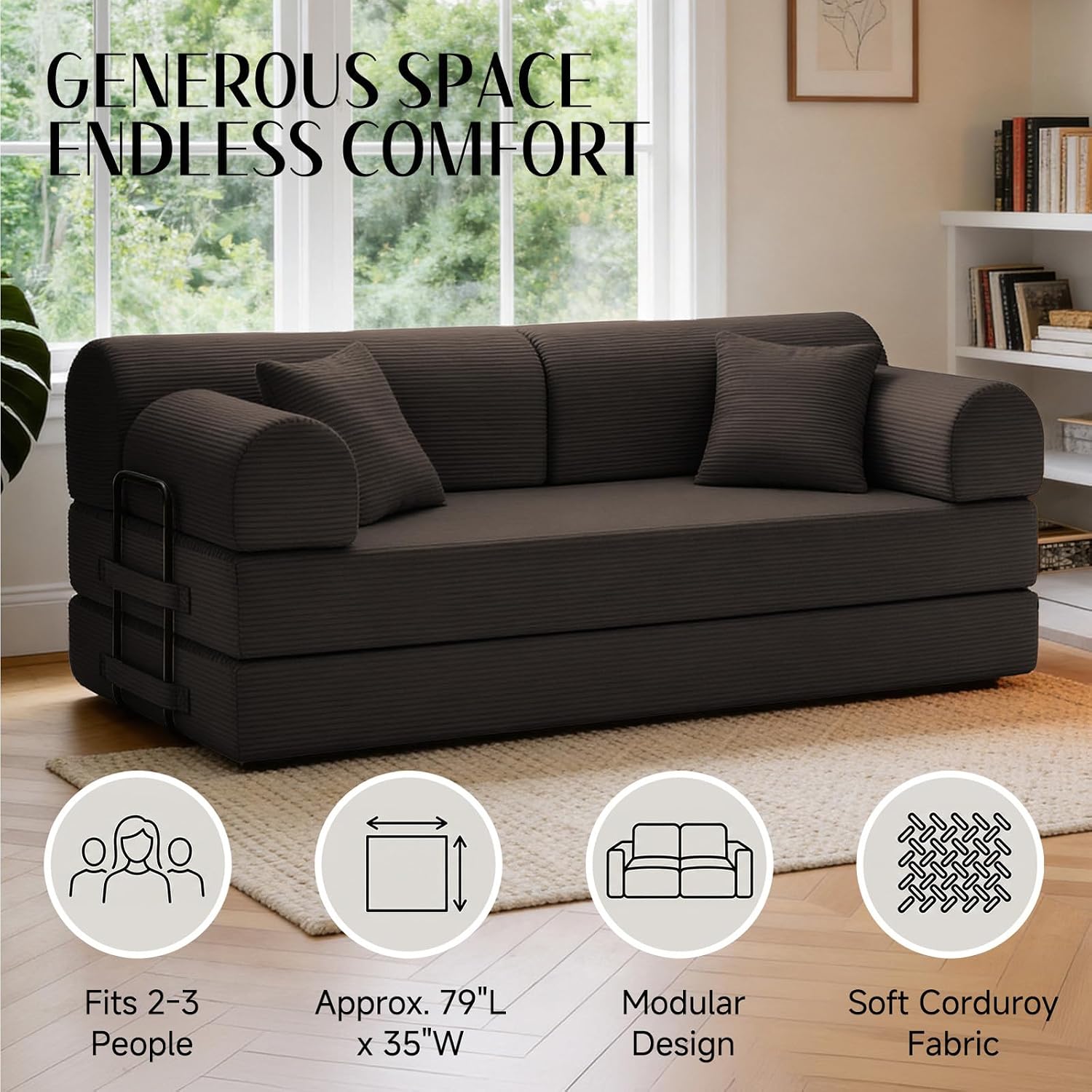 79'' Convertible Sofa Bed, 6 in 1 Folding Floor Futon Couch Sleeper with Fixed Frame, Corduroy Modular Sofa Bed with Removable Armrests & Pillows, No Assembly for Living Room Bedroom (Brown)