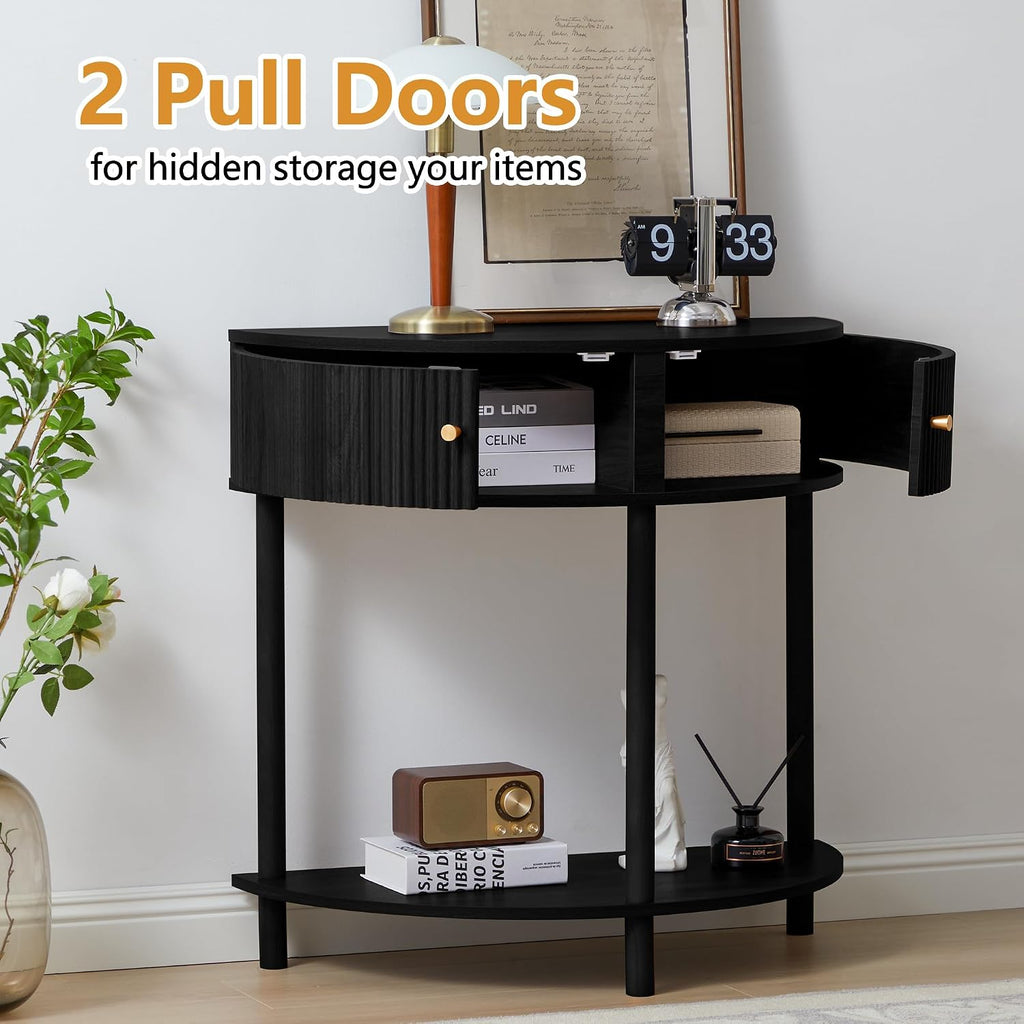 XUZENEST Fluted Half Moon Console Table, Modern Small Entry Table Sofa Table with Storage, Solid Wood Legs Narrow Entryway Table for Living Room, Hallway, Foyer(Black)