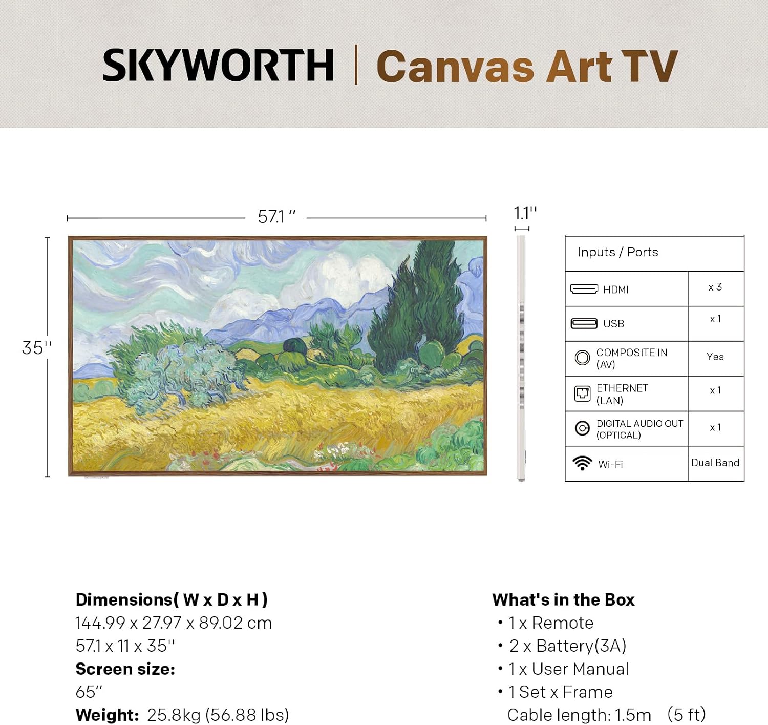 Skyworth 65 Inch C1 Canvas Art TV QLED + 4K UHD Smart TV with Google TV Art Mode Anti-Reflection Matte Screen Dolby Vision Dolby Atmos HDR No External Box (2024 Model, Lifestyle Series)