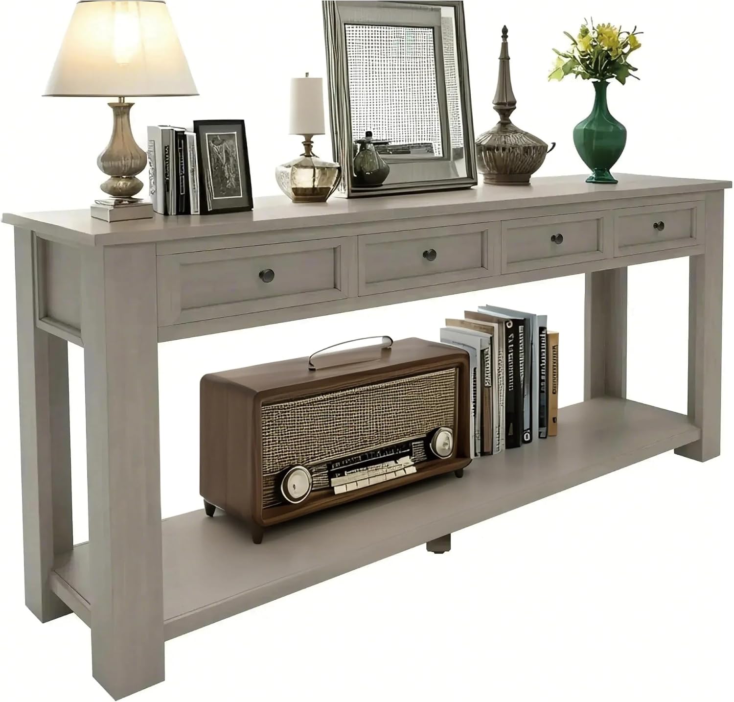 LKTART Solid Wood Console Table,Long Sofa Table Entryway Table with 4 Drawers and Bottom Shelf for Hallway Living Room Couch Table,Easy Assembled (63' Gray Wash)