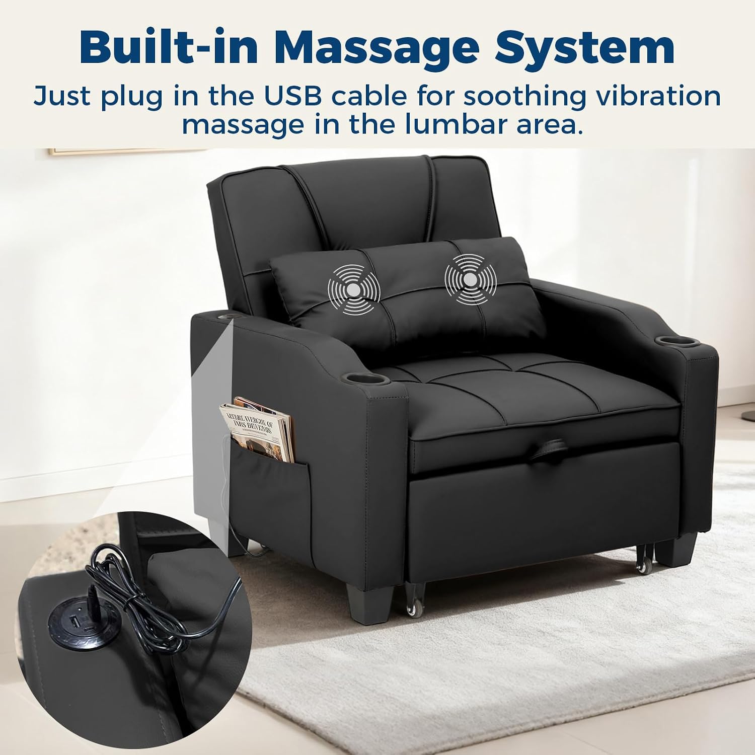 Sleeper Chair Pull Out Bed, 4 in 1 Convertible Sofa Chair Bed with Vibration Massage Lumbar Pillow, Single Sofa Recliner with USB/Type-C Port, Cup Holders and Side Pocket for Small Spaces (Black)