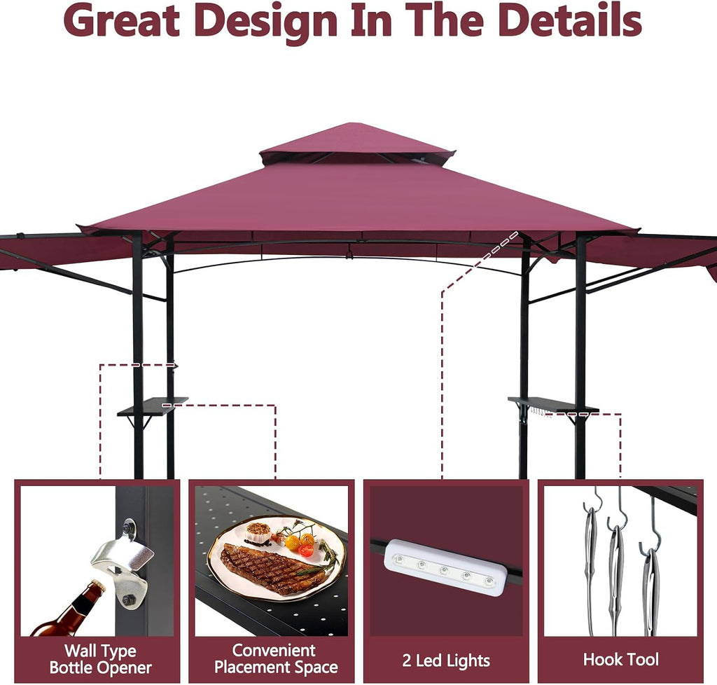 14 x 5 Grill Gazebo, Outdoor BBQ Grill Patio Canopy with 2 Handy Shelves & Extra Awning LED Lights, Double Roof Barbecue Gazebo Canopy (Red)