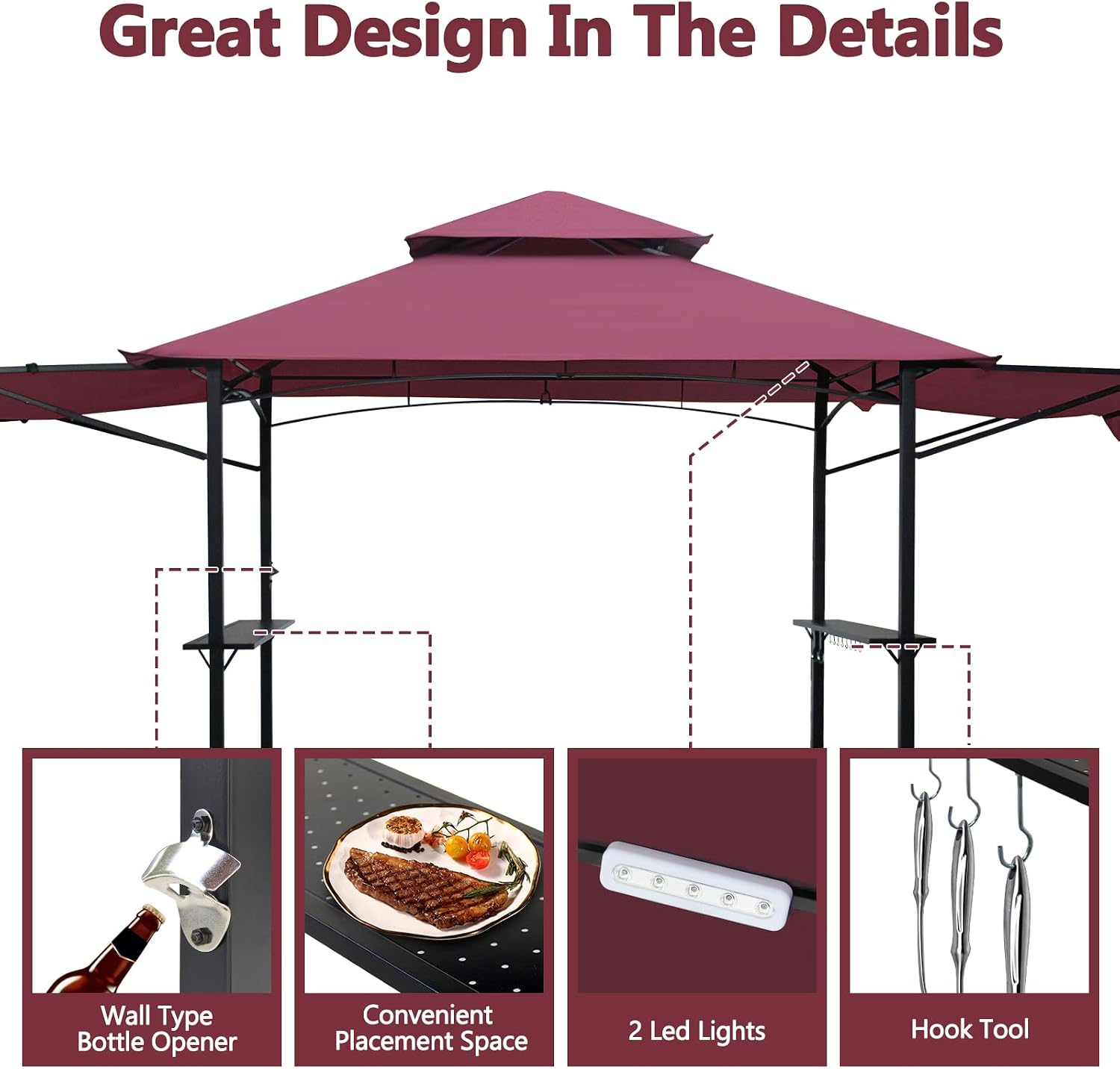 14 x 5 Grill Gazebo, Outdoor BBQ Grill Patio Canopy with 2 Handy Shelves & Extra Awning LED Lights, Double Roof Barbecue Gazebo Canopy (Red)