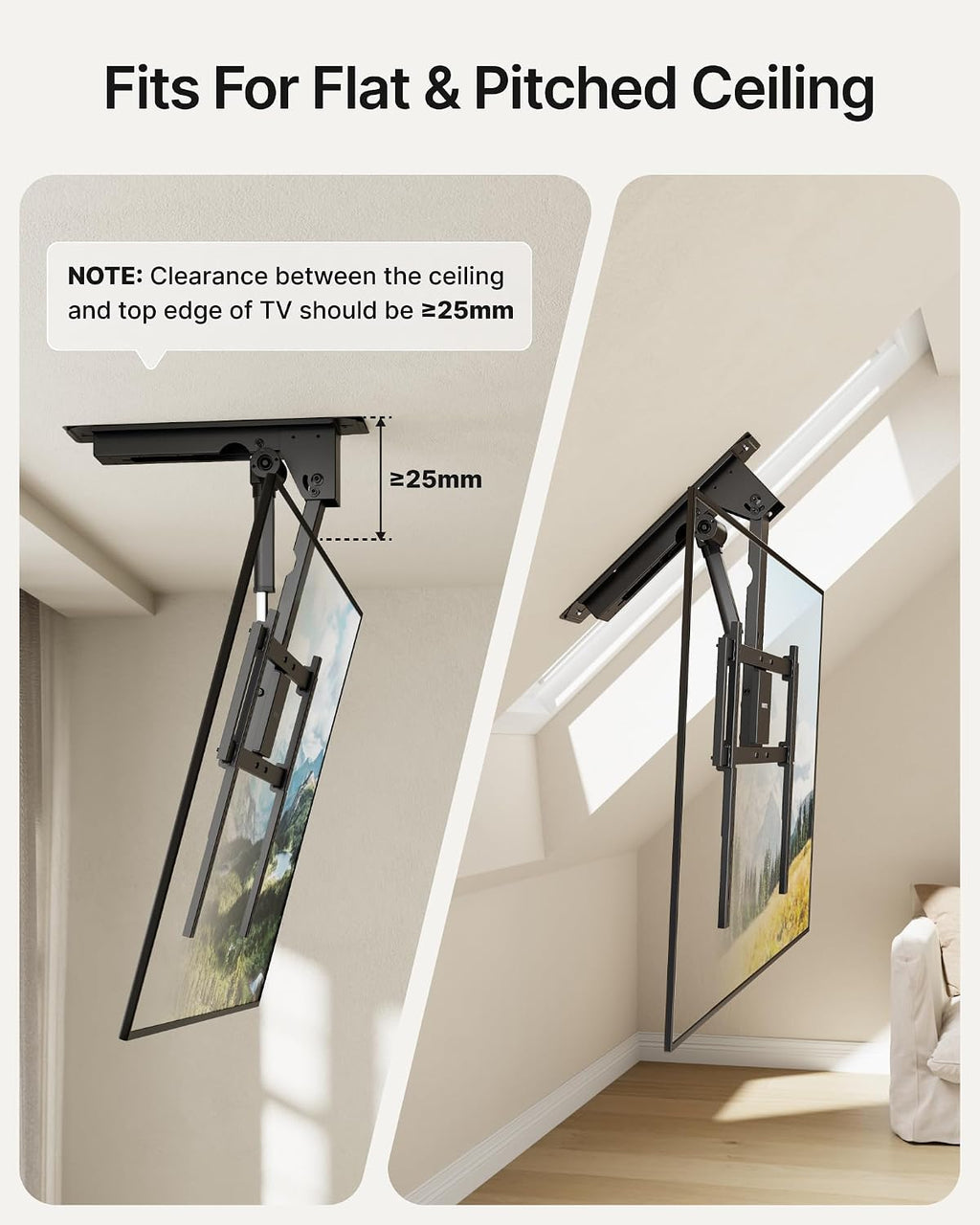 monTEK Motorized Ceiling TV Mount for 43-86 Inch TVs, Heavy-Duty 121lbs (4X Load Tested), Off-Center VESA Compatible, Electric Flip Down with Remote/App/Voice Control, Fits Flat & Pitched Roof