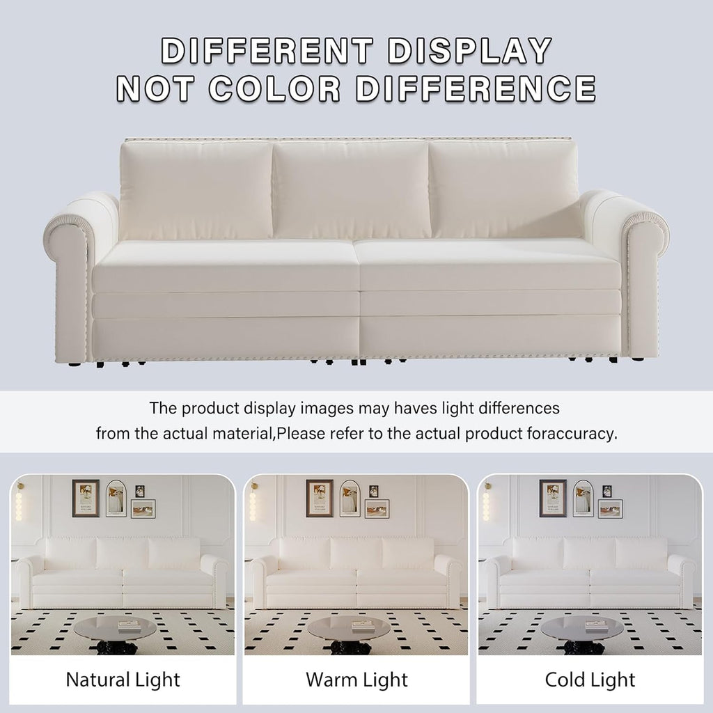 3 in 1 Convertible Sleeper Sofa Bed, 93.7' King Size Sofa Sleeper with Pull Out Bed, Velvet Folding Loveseat Sofa 3-Seater with Deep Seat, Nailhead Trim & Rolled Arm for Living Room (Beige)