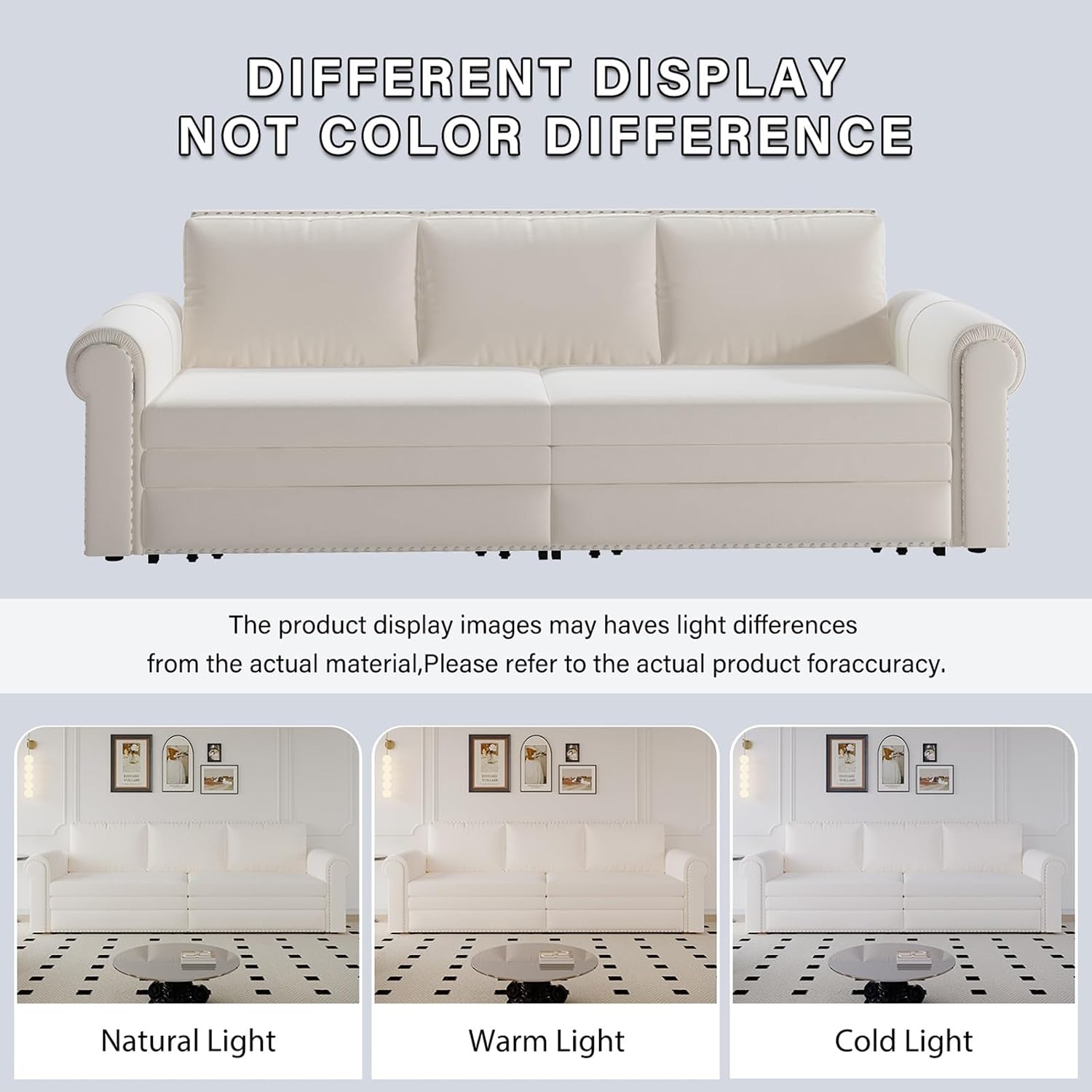 3 in 1 Convertible Sleeper Sofa Bed, 93.7' King Size Sofa Sleeper with Pull Out Bed, Velvet Folding Loveseat Sofa 3-Seater with Deep Seat, Nailhead Trim & Rolled Arm for Living Room (Beige)