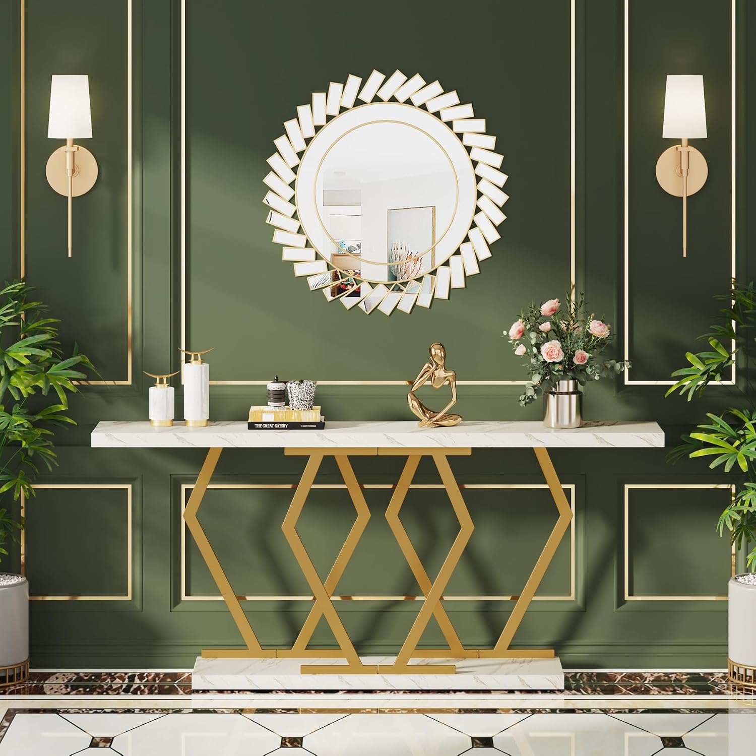 Tribesigns 70.9 Inch Extra Long Sofa Table， White and Gold Console Table with Faux Marble Tabletop, Modern Long Entryway Table with Gold Frame