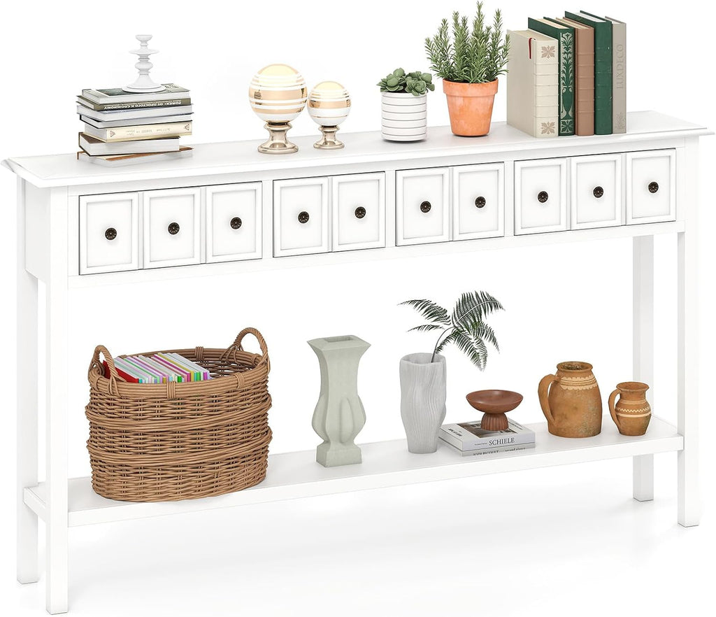 Giantex 60' Entryway Table, Long Narrow Console Table with 4 Drawers and Open Storage Shelf, Modern Slim Entry Tables, Farmhouse Wooden Sofa Tables with Anti-Tip Kit for Living Room, Hallway (White)